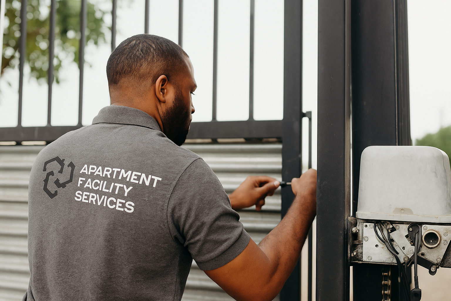 Apartment Facility Services technician servicing a gate operator